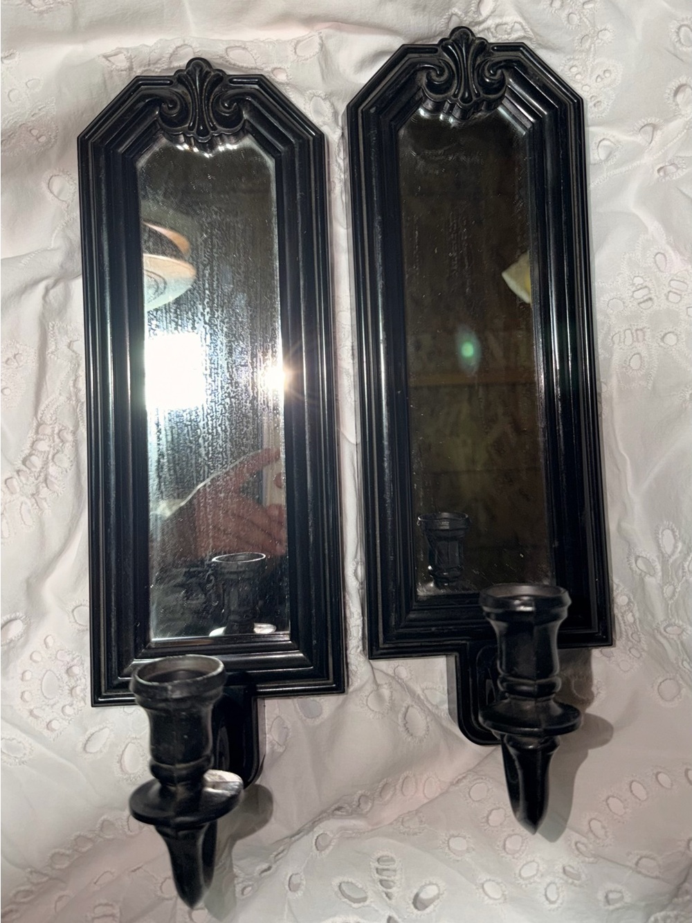 2-Vintage MCM Ornate Wall Mirror Sconce Candle Holder Black Laquer Plastic